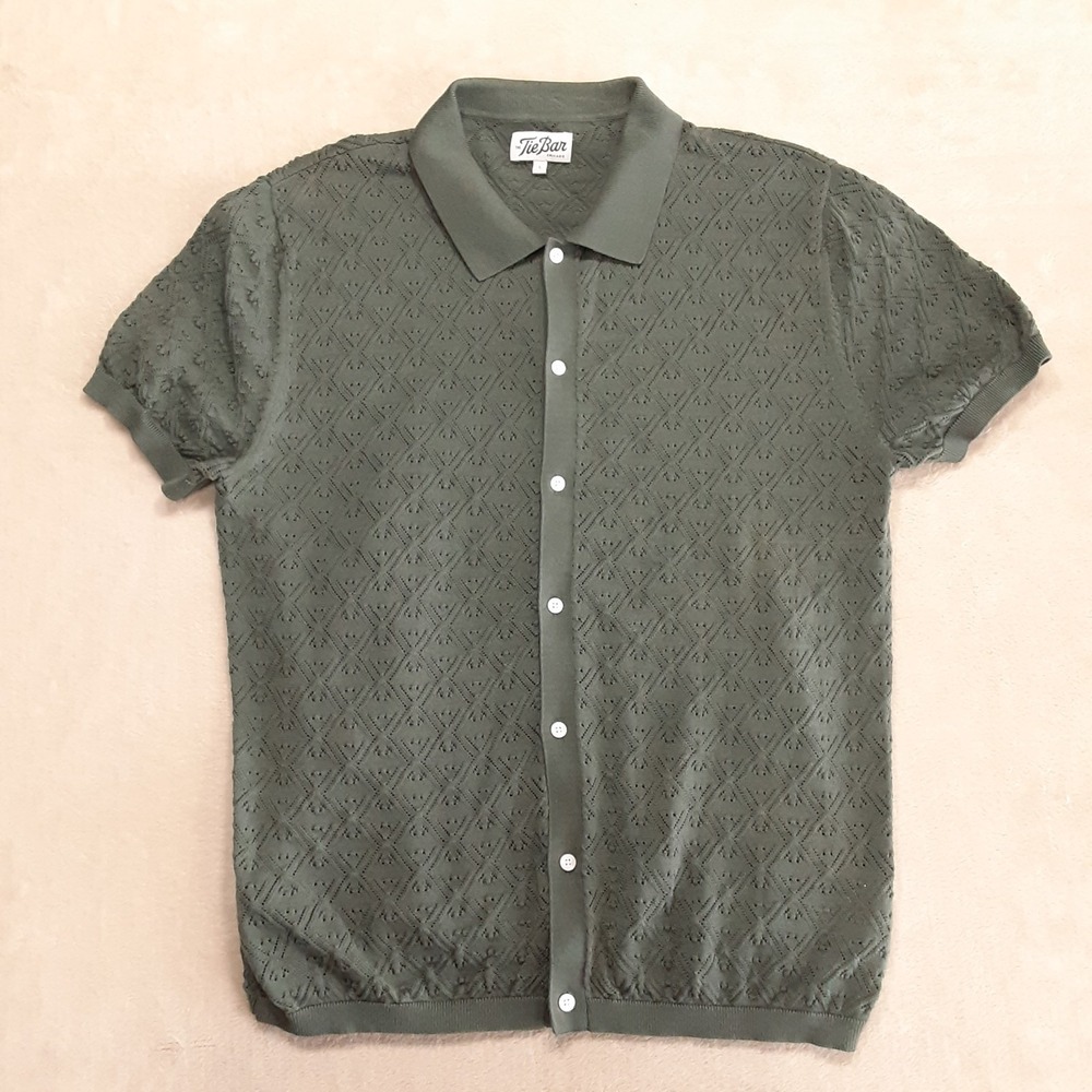 The Tie Bar Mens Full Placket Pointelle Polo Large Cilantro Green Open Knit